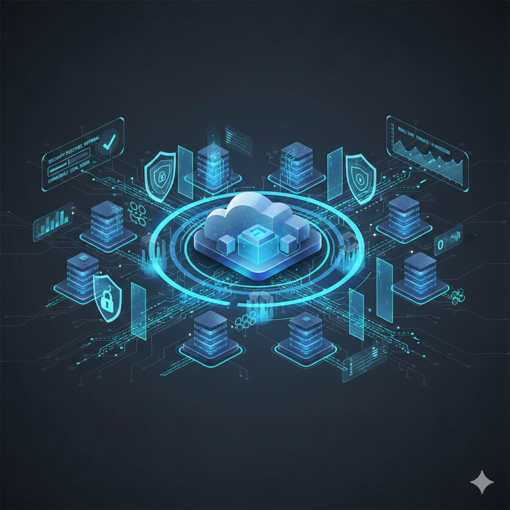 Cybersecurity shield protecting cloud infrastructure